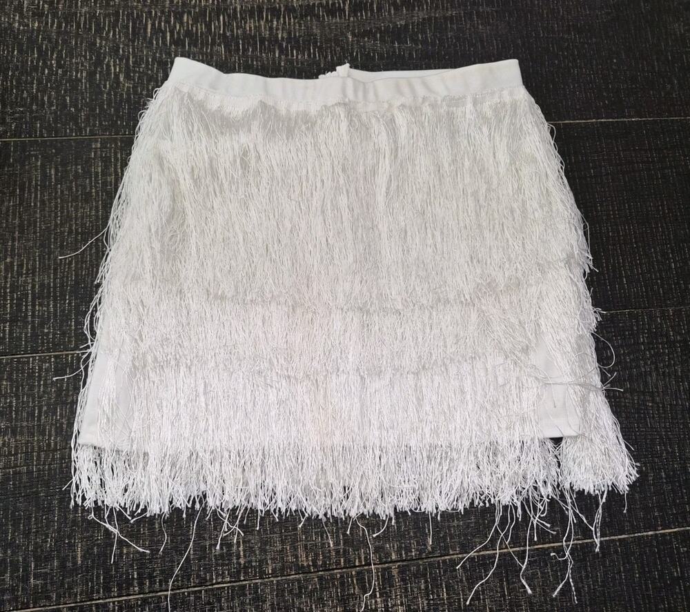Size L/XL White Fringe Tiered Mini Skirt Stretchy With String Texture Costume